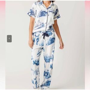 Katie Kime Women's Aprés Ski Toile Pajama Set Blue White Top & Pants XL Mountain